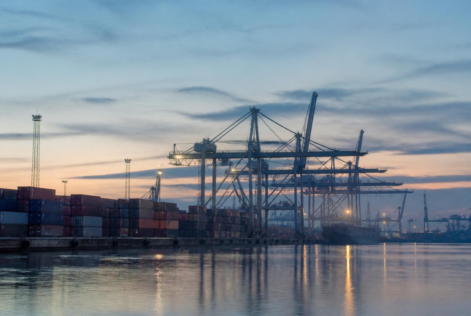 Industrial port terminal at dawn with gantry cranes and shipping containers