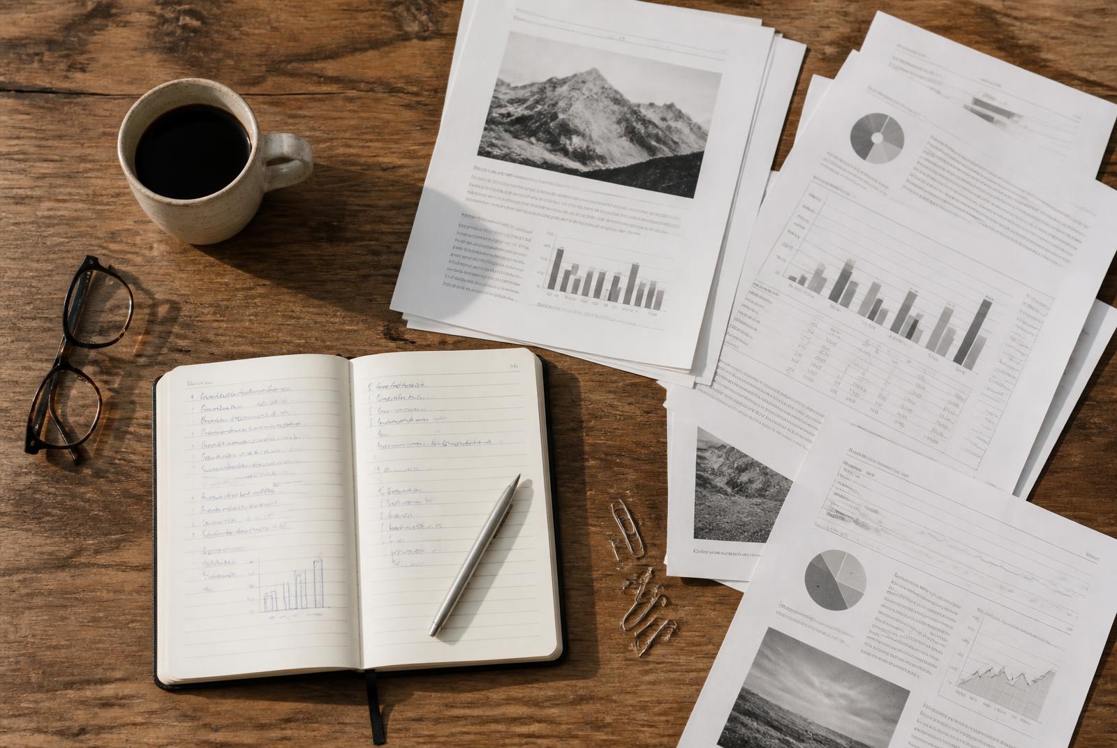 Overhead flat-lay of a desk with sustainability reports, notebook, and coffee