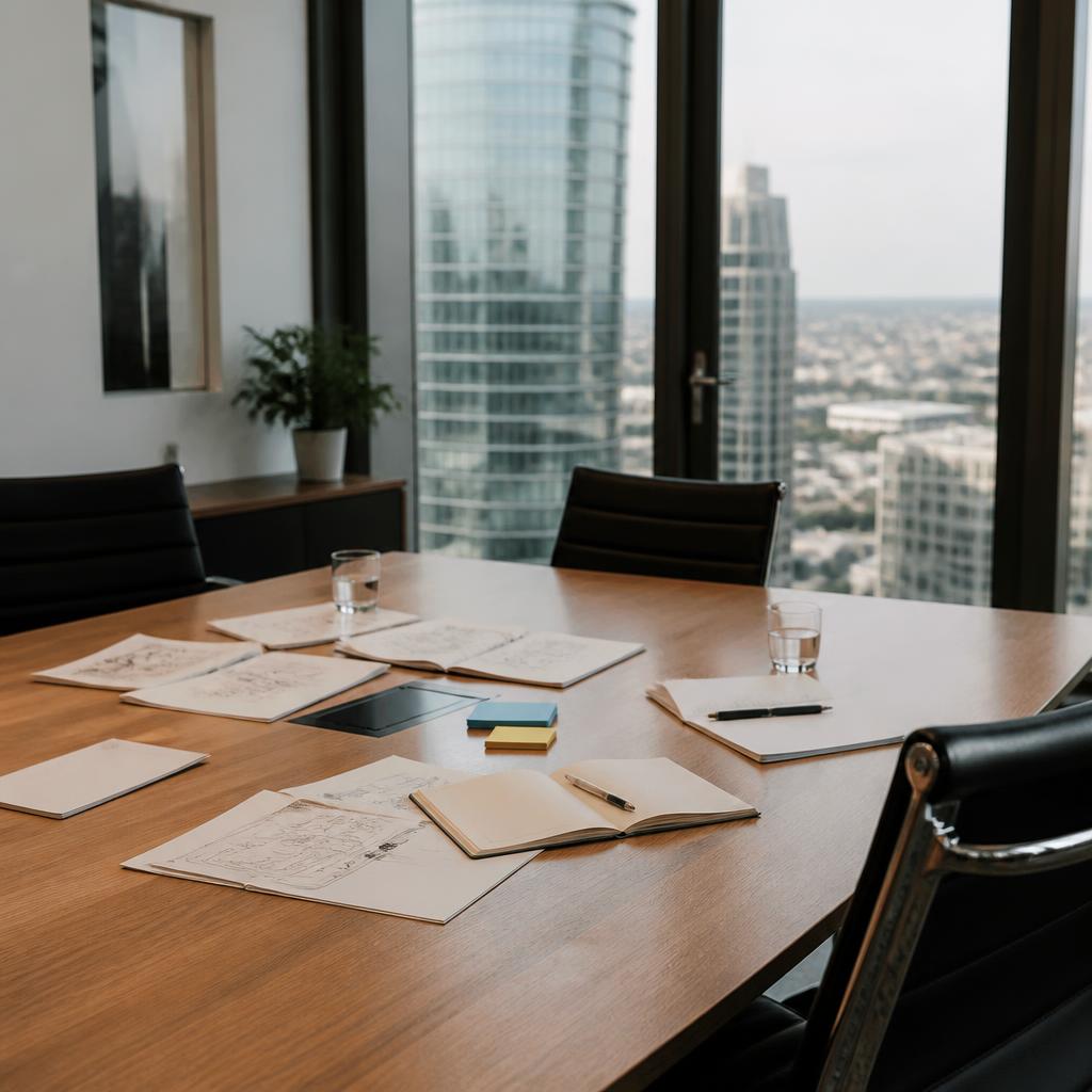 Empty boardroom table with documents beside a window overlooking the city