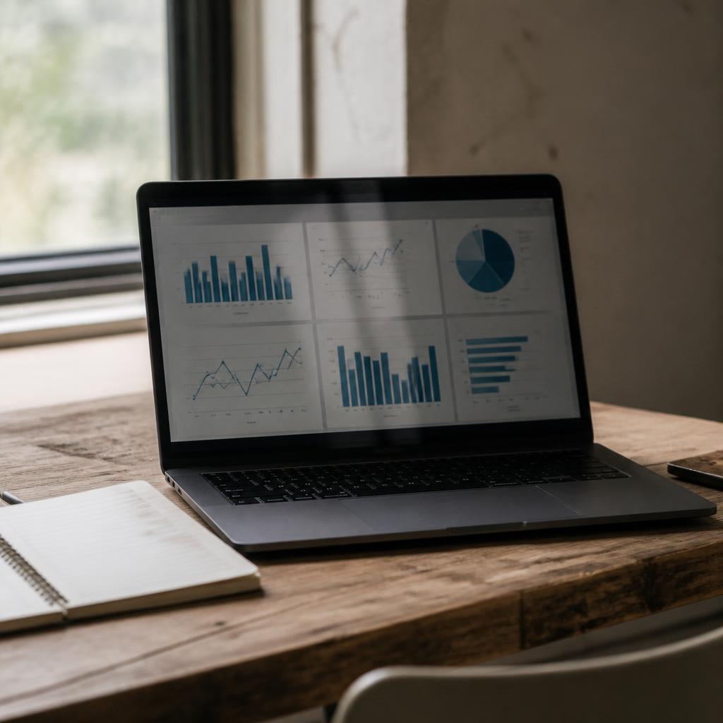 Laptop displaying data dashboards on a wooden desk beside a notebook
