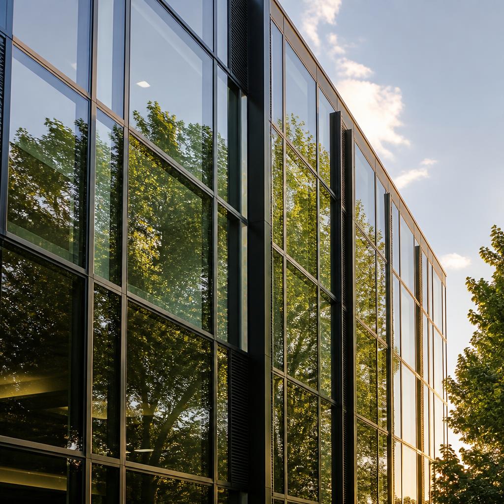 Glass office facade at golden hour reflecting green foliage