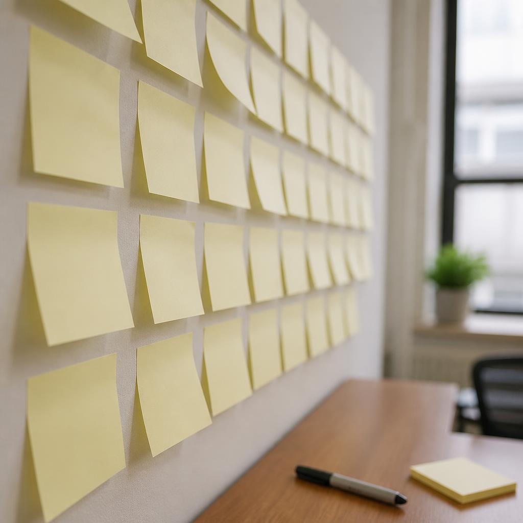 Sticky notes on a glass panel and a marker after a planning workshop
