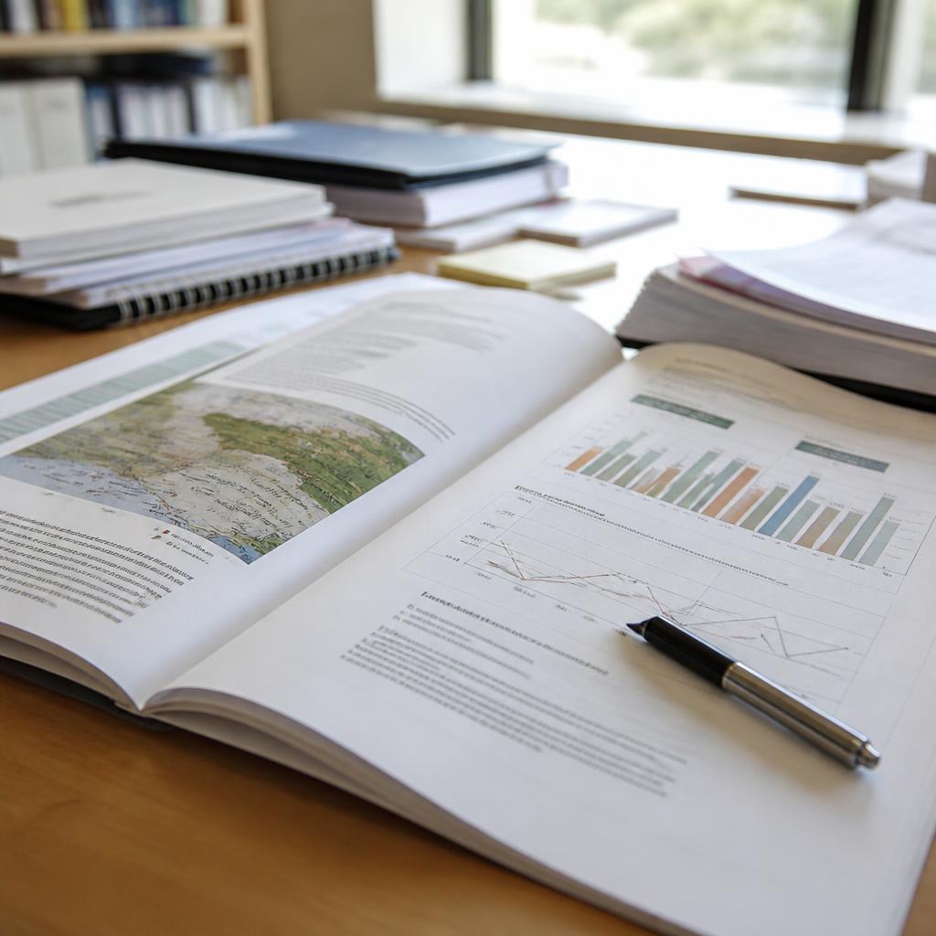 Open printed research reports and charts on a desk in daylight