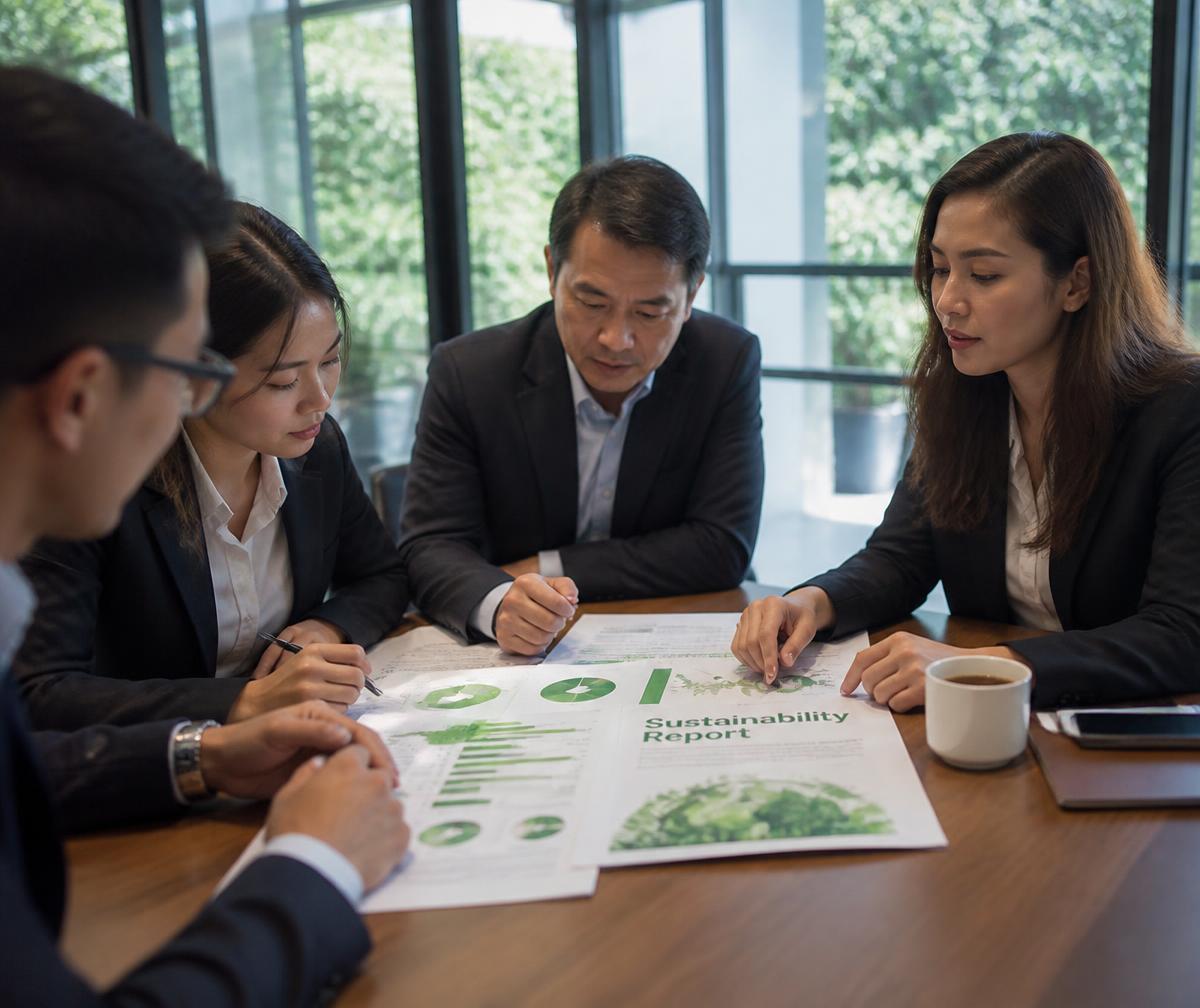 Business team reviewing a printed sustainability report in a daylit meeting room
