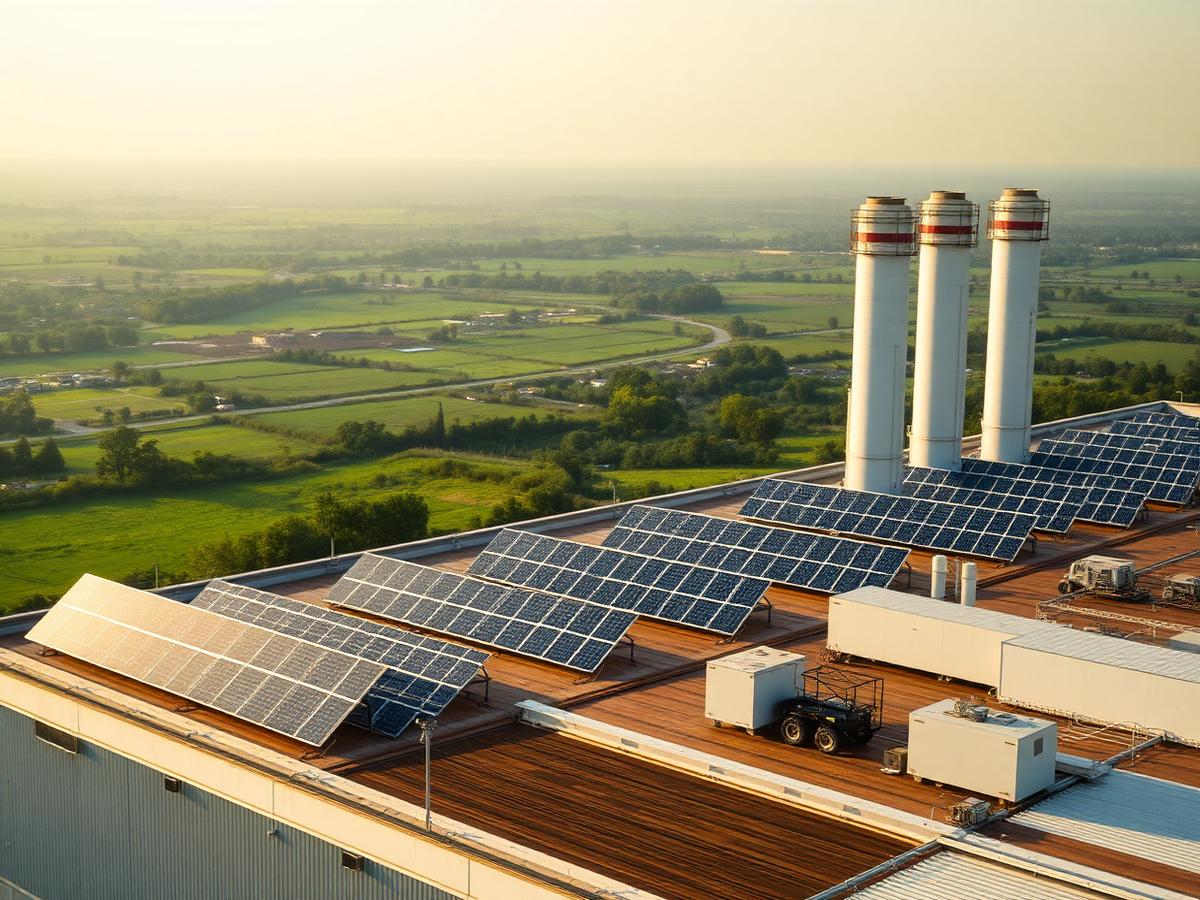 Solar panels on an industrial rooftop at dawn with green fields beyond