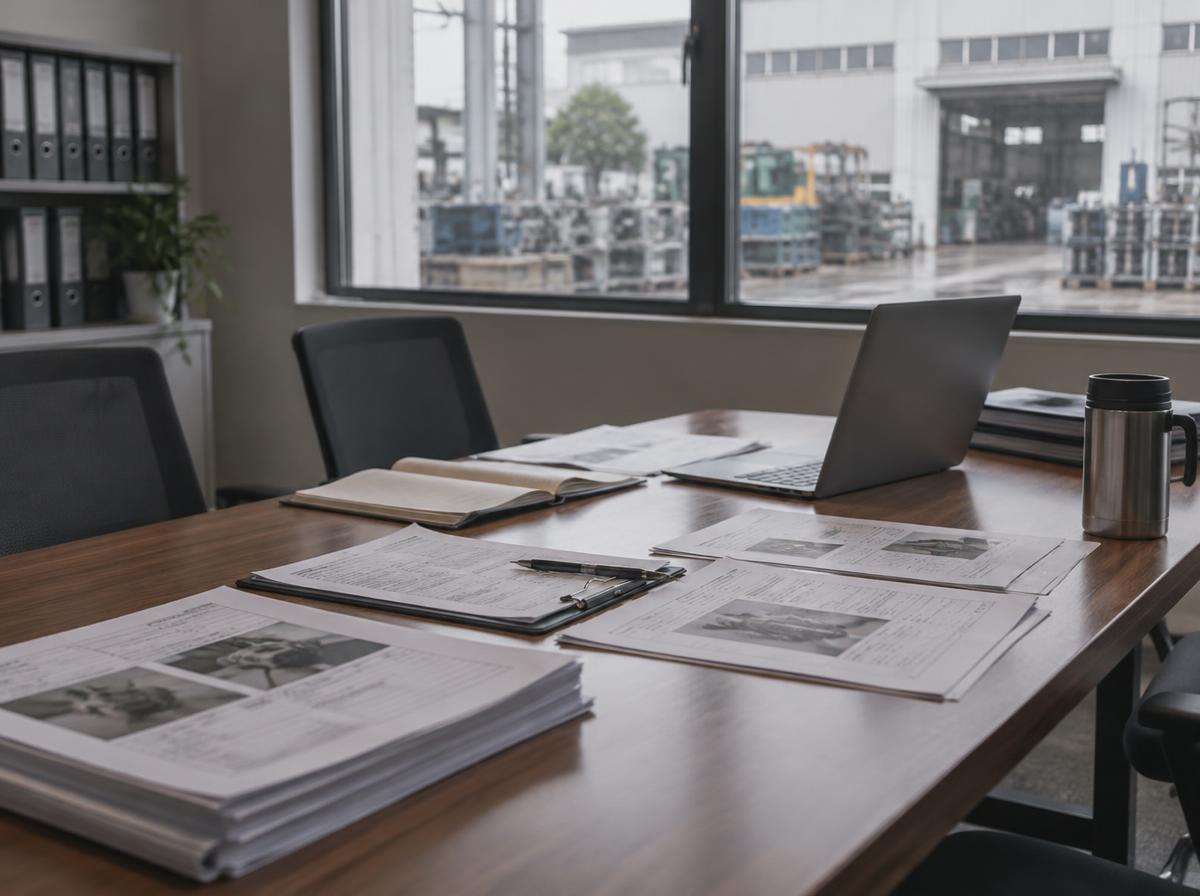 Supplier audit meeting room with documents and a laptop in daylight