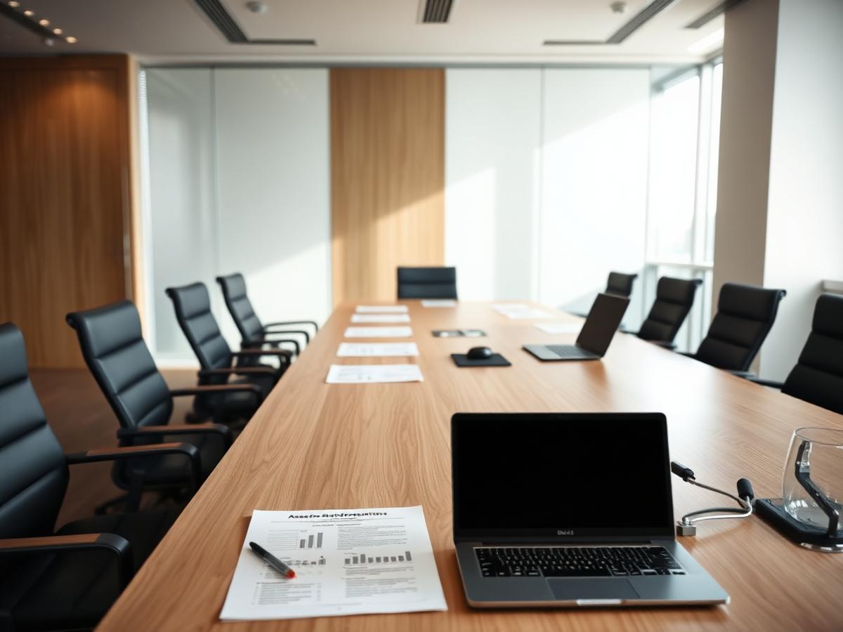 Empty boardroom with assessment reports and a laptop in morning daylight