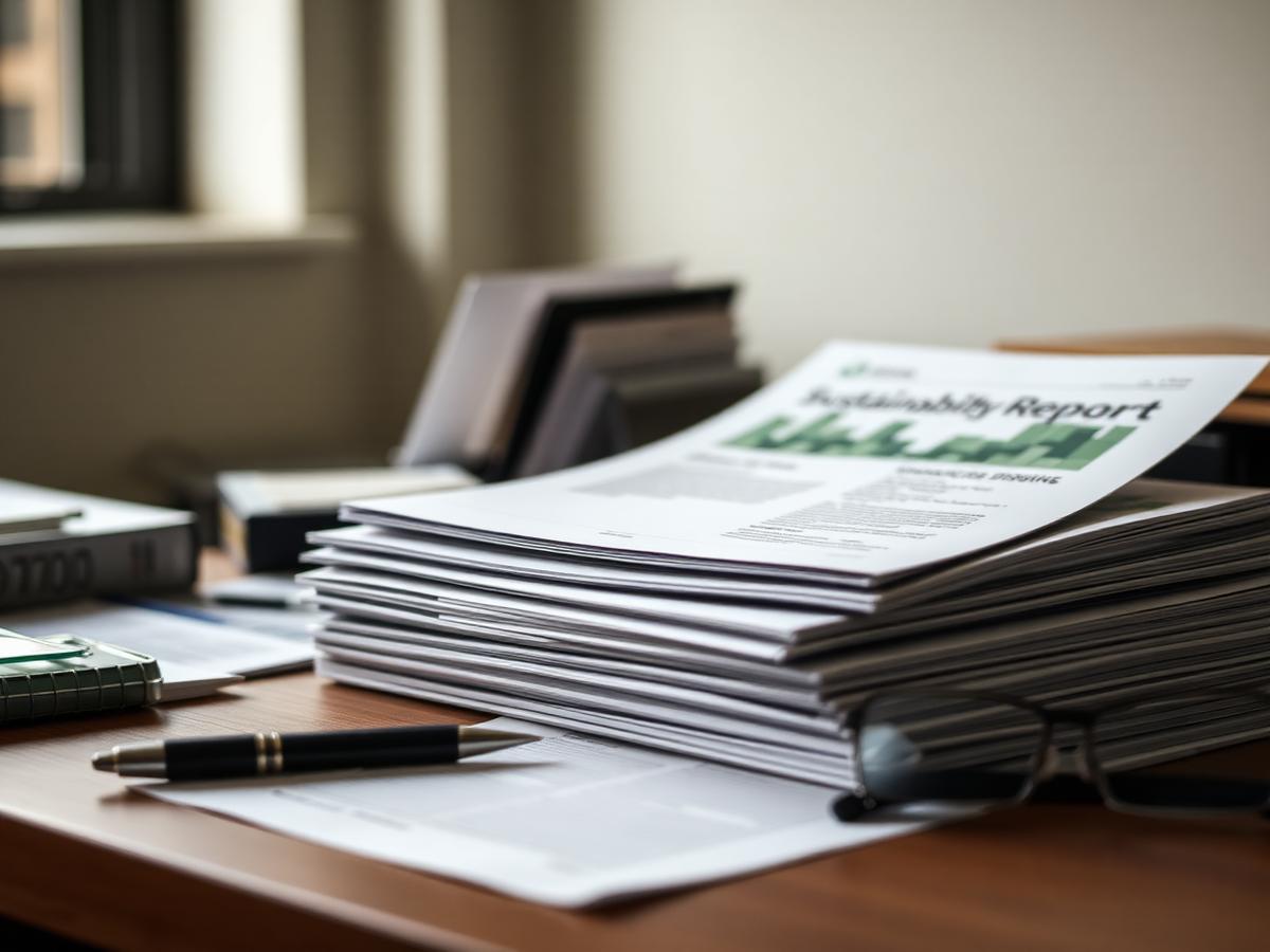 Printed sustainability reports stacked on a desk beside a pen and glasses