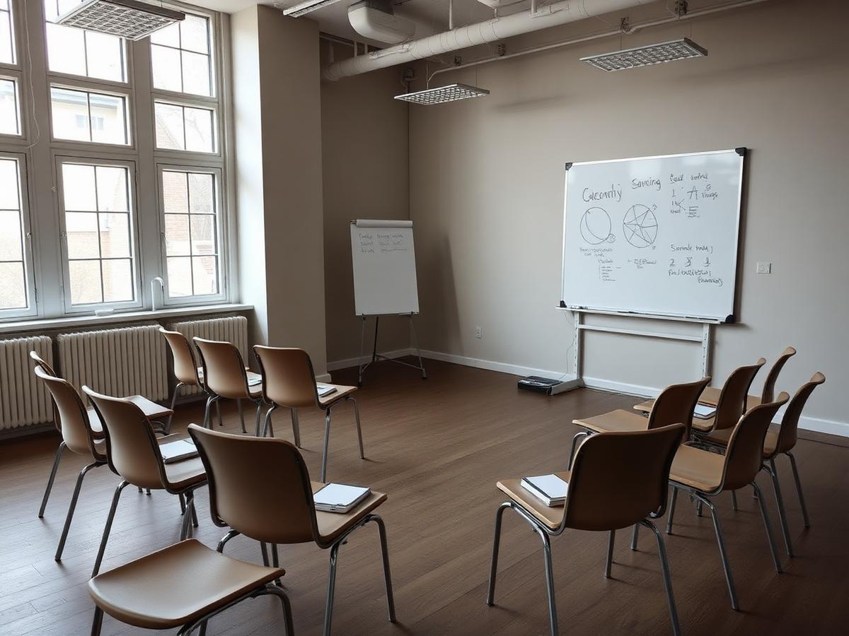 Empty training room with chairs in a semicircle and a whiteboard